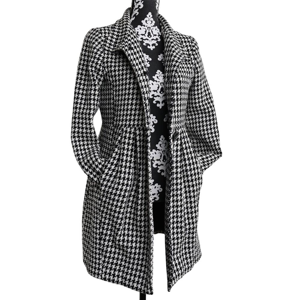 Classic Preppy Houndstooth Wool Blend Pleated Peplum Button Up Peacoat - M - Picture 6 of 13